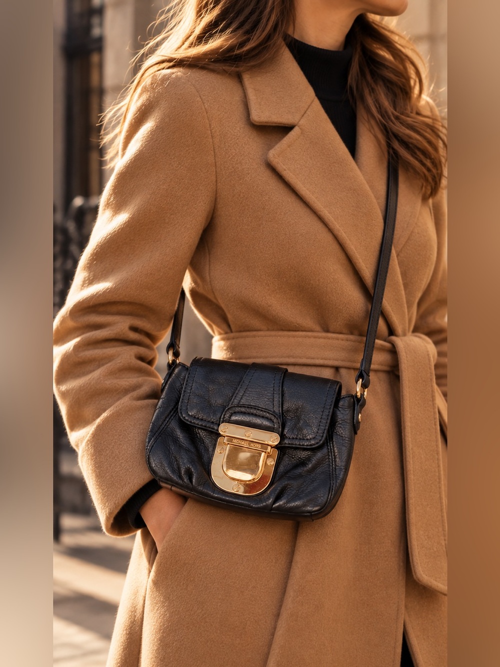 Michael Kors Black Leather Crossbody Bag Gold Hardware Shoulder Purse